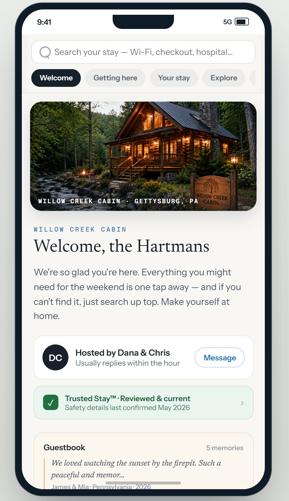 A guest opening a property's StayHub on their phone